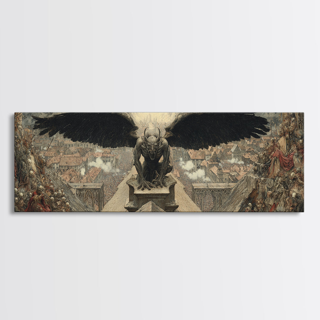 The Gargoyle Sentinel, Grotesque Carnival Art, Extra Wide Wall Art, Gothic Horror Wall Art, Canvas Print, Halloween Wall Art