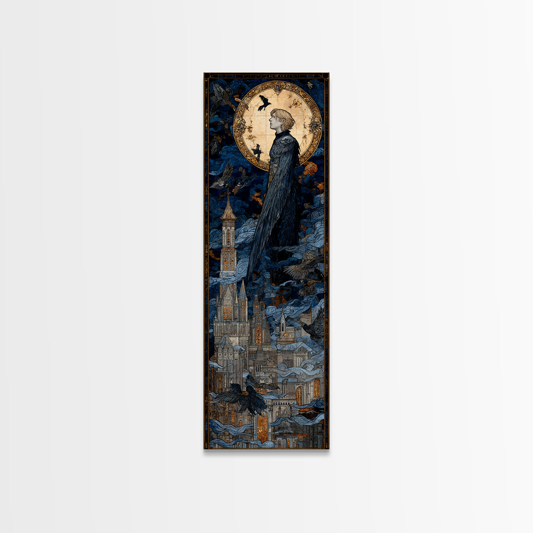 The Gargoyle Sentinel, Stained Glass Gothic Art, Tall Narrow Wall Art, Gothic Horror Wall Art, Canvas Print, Halloween Wall Art
