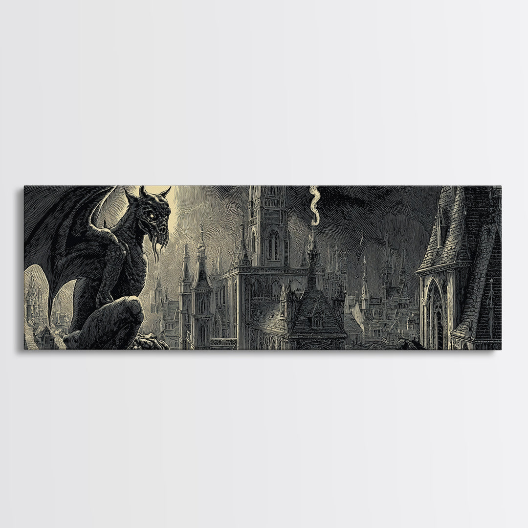 The Gargoyle Sentinel, Macabre Folk Print Art, Extra Wide Wall Art, Macabre Wall Art, Canvas Print, Halloween Wall Art