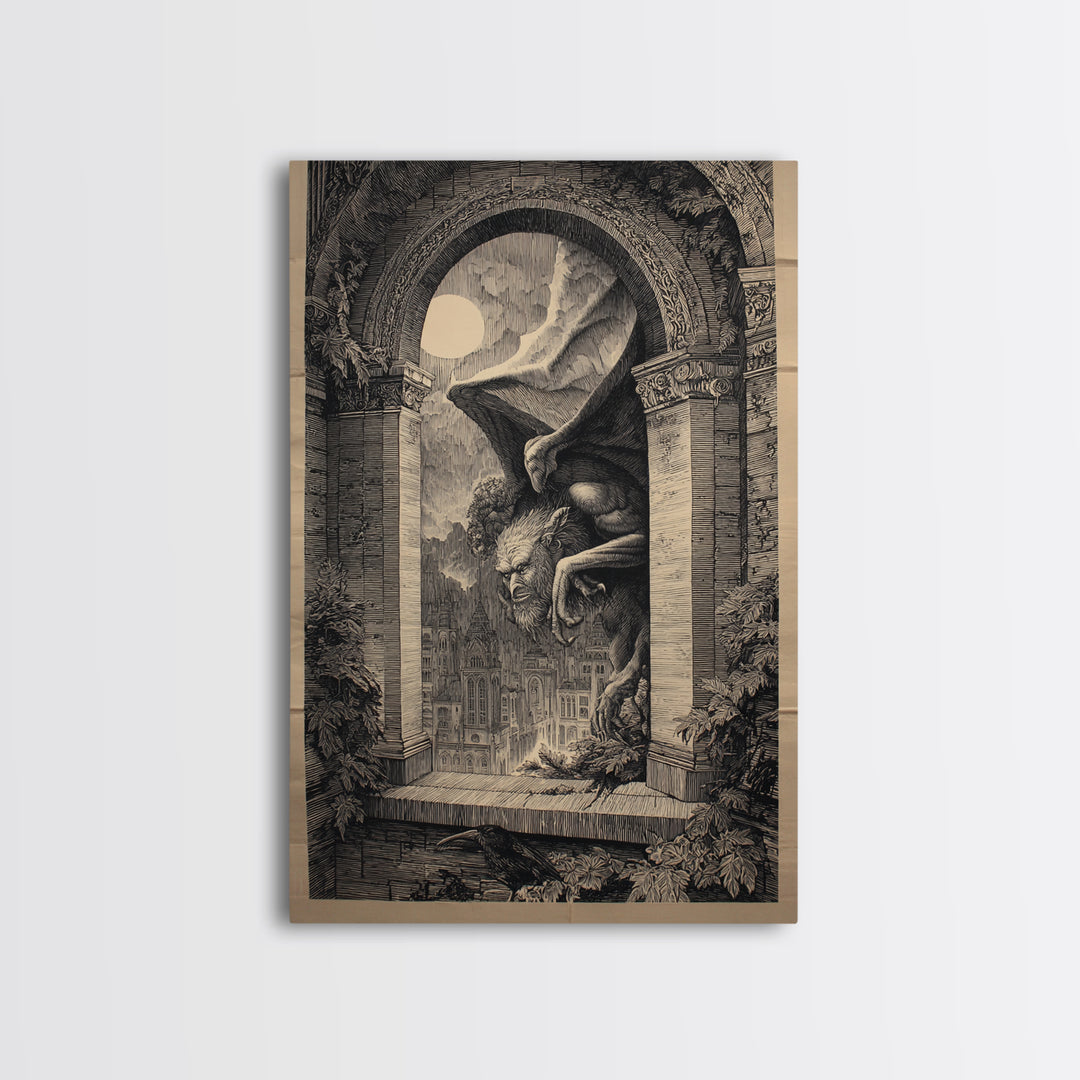 The Gargoyle Sentinel, Victorian Macabre Art, Vertical Wall Art, Dark Fantasy Wall Art, Framed Canvas Print, Halloween Wall Art