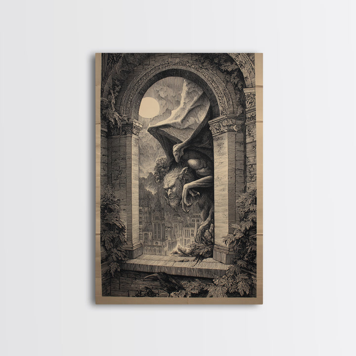 The Gargoyle Sentinel, Victorian Macabre Art, Vertical Wall Art, Dark Fantasy Wall Art, Framed Canvas Print, Halloween Wall Art