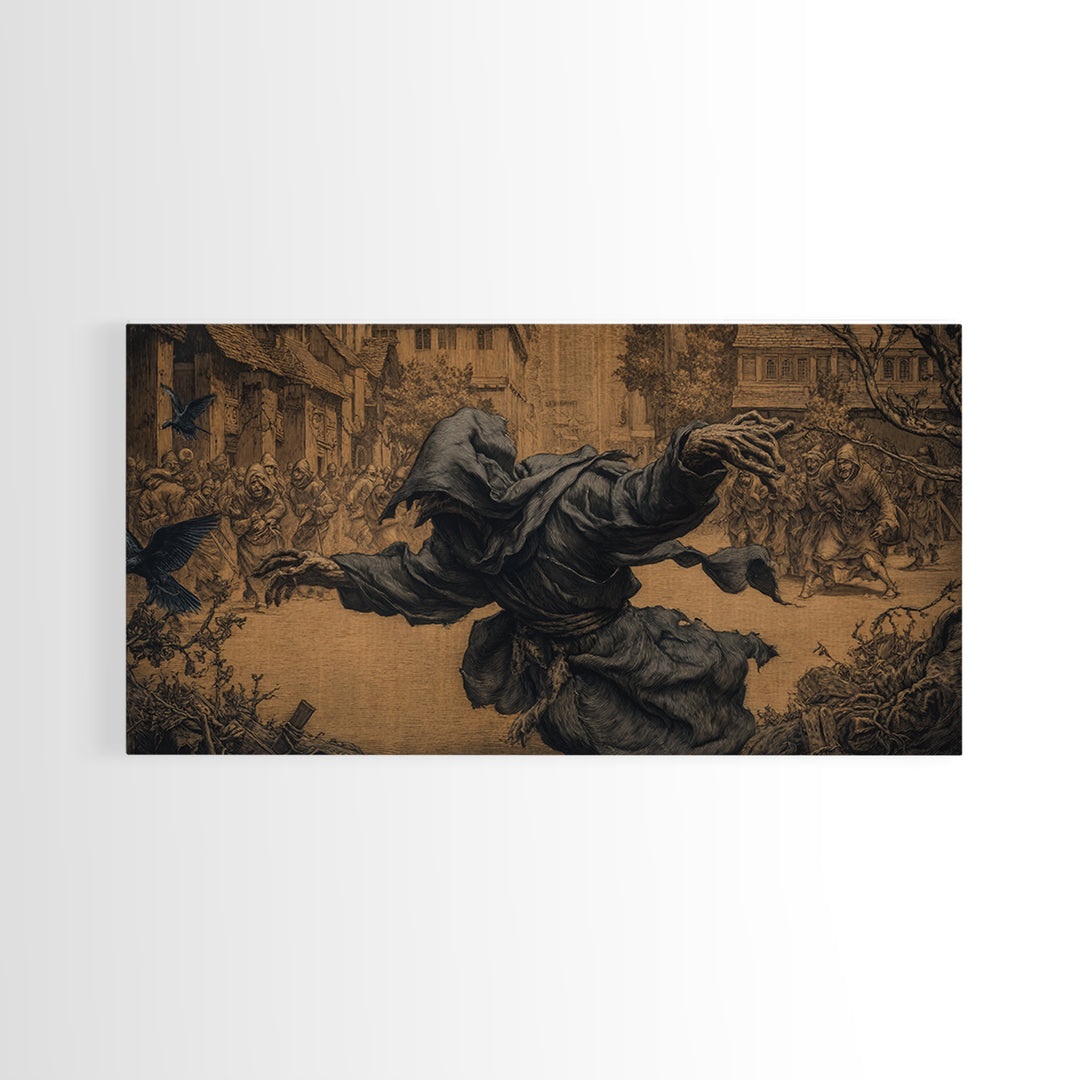 The Tattered Wraith, Northern Renaissance Horror, Wide Panoramic Art, Macabre Wall Art, Framed Canvas Print, Halloween Wall Art