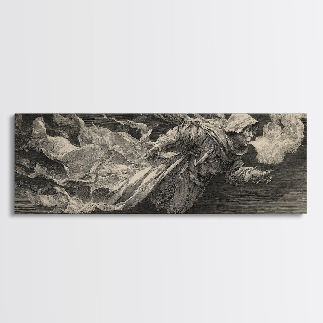 The Tattered Wraith, Renaissance Engraving Art, Extra Wide Wall Art, Gothic Horror Wall Art, Canvas Print, Halloween Wall Art