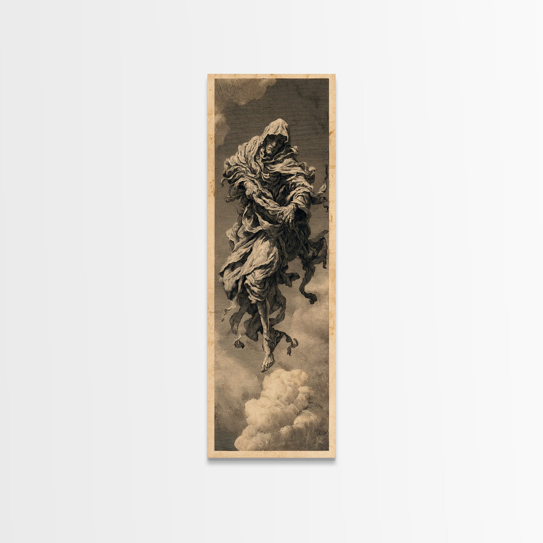 The Tattered Wraith, Architectural Etching Art, Tall Narrow Wall Art, Dark Halloween Decor, Framed Canvas Print