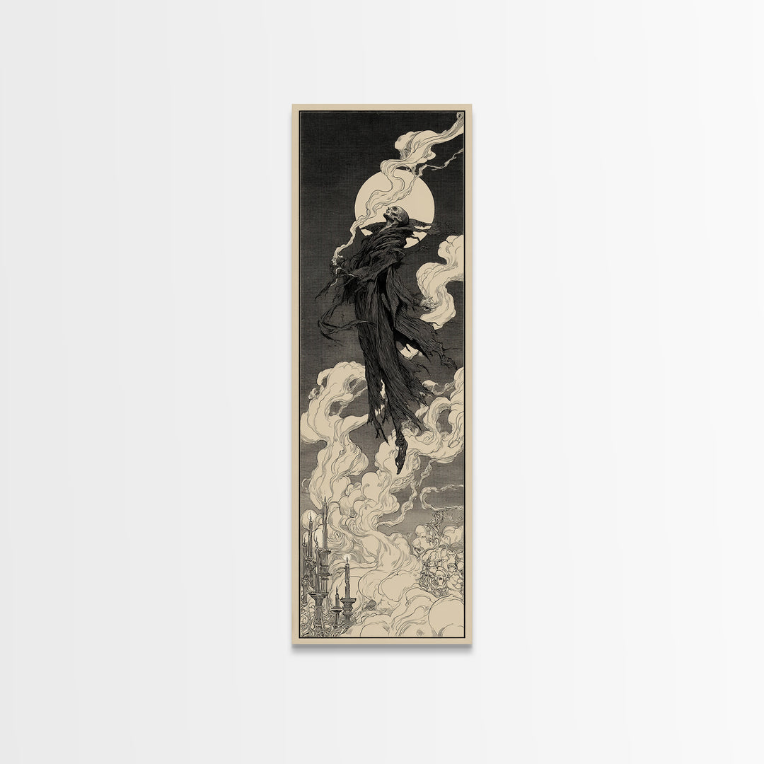 The Tattered Wraith, Decadent Line Art, Tall Narrow Wall Art, Dark Halloween Decor, Framed Canvas Print, Halloween Wall Art