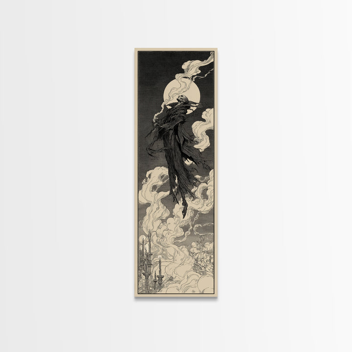The Tattered Wraith, Decadent Line Art, Tall Narrow Wall Art, Dark Halloween Decor, Framed Canvas Print, Halloween Wall Art