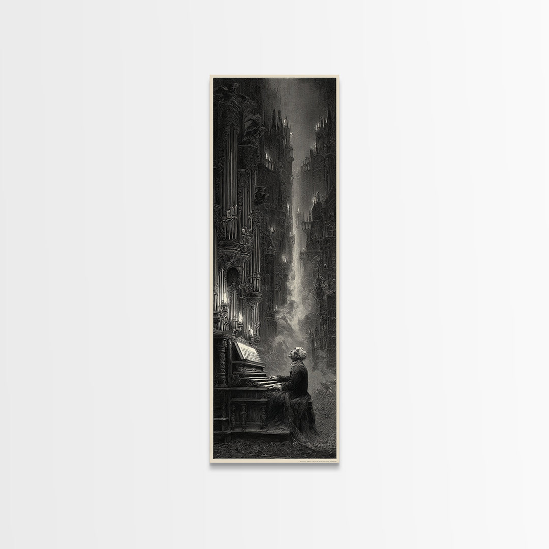 The Phantom Organist, Gothic Engraving Art, Tall Narrow Wall Art, Dark Fantasy Wall Art, Framed Canvas Print, Halloween Wall Art