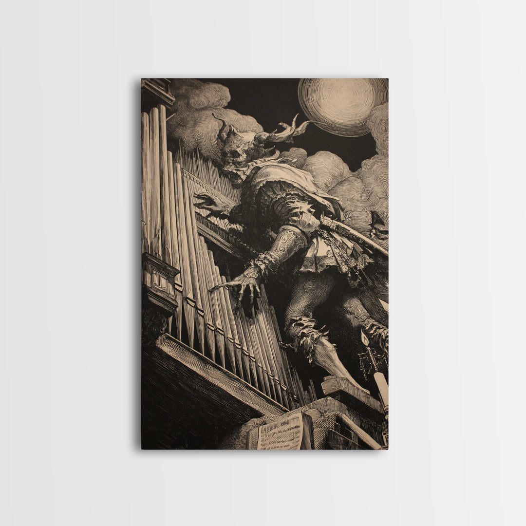 The Phantom Organist, Renaissance Engraving Art, Vertical Wall Art, Macabre Wall Art, Canvas Print, Halloween Wall Art, Statement Wall Art