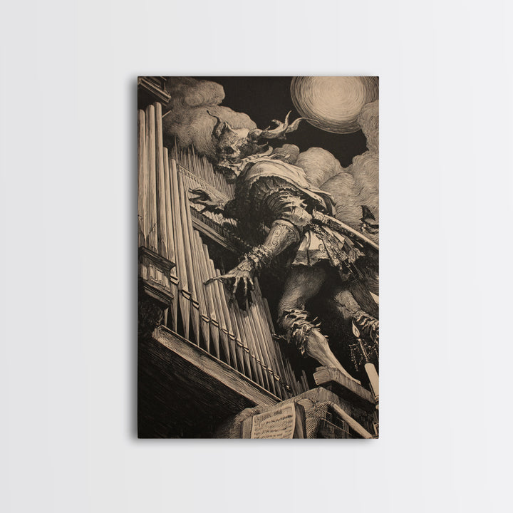 The Phantom Organist, Renaissance Engraving Art, Vertical Wall Art, Macabre Wall Art, Canvas Print, Halloween Wall Art, Statement Wall Art