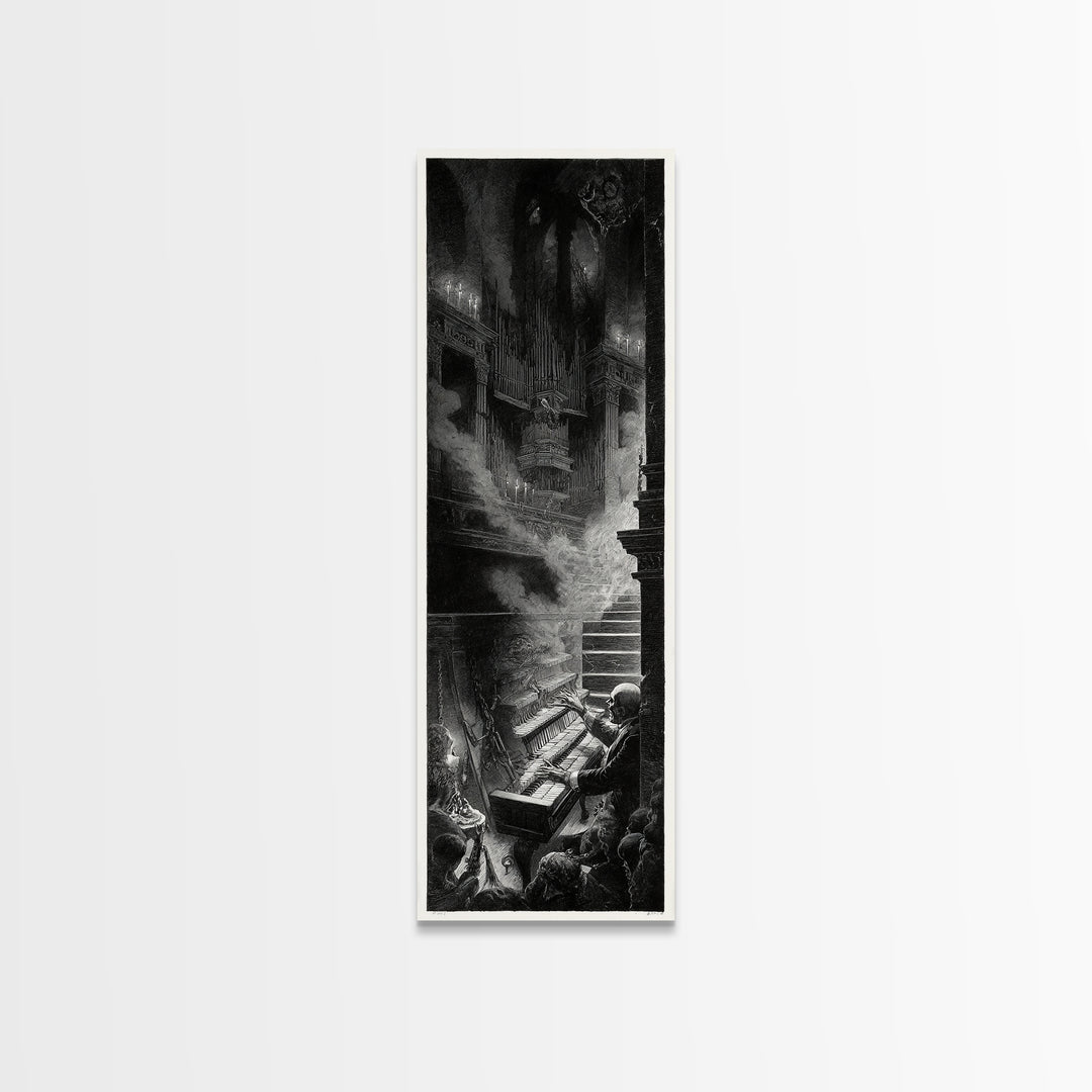 The Phantom Organist, Architectural Etching Art, Tall Narrow Wall Art, Macabre Wall Art, Canvas Print, Halloween Wall Art
