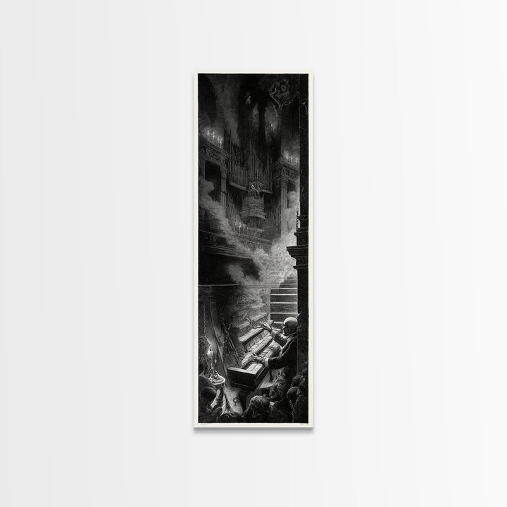 The Phantom Organist, Architectural Etching Art, Tall Narrow Wall Art, Macabre Wall Art, Canvas Print, Halloween Wall Art