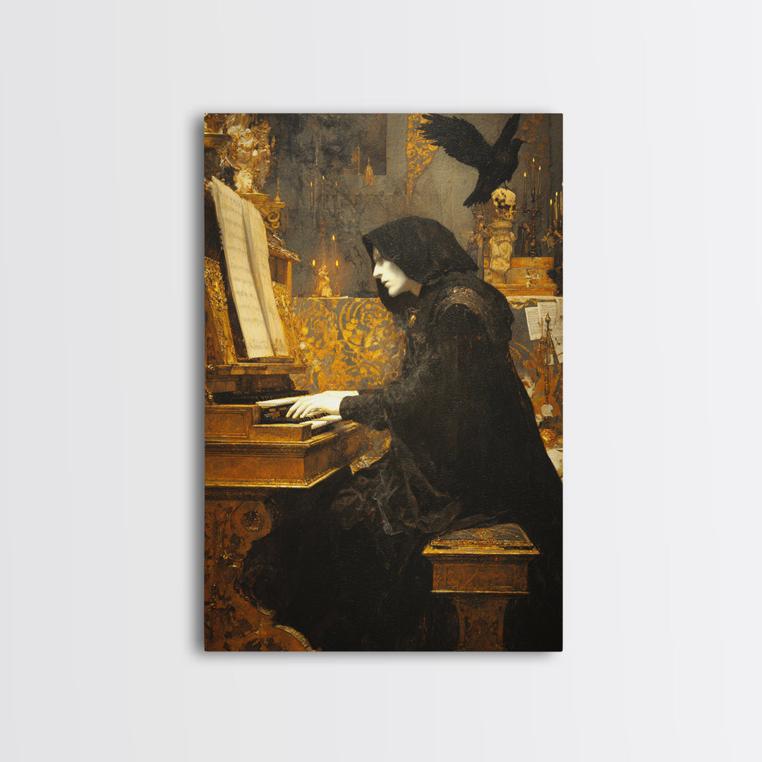The Phantom Organist, Ornate Symbolist Art, Vertical Wall Art, Dark Fantasy Wall Art, Framed Canvas Print, Halloween Wall Art