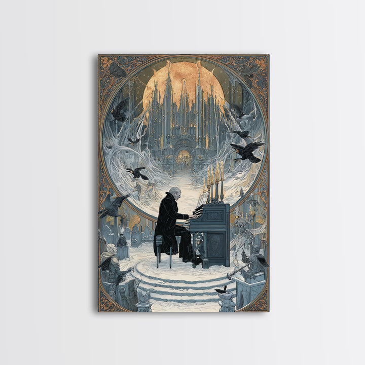 The Phantom Organist, Symbolist Death Art, Vertical Wall Art, Dark Fantasy Wall Art, Framed Canvas Print, Halloween Wall Art