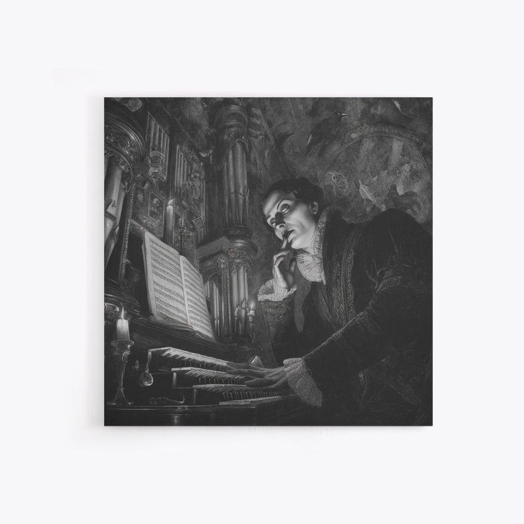 The Phantom Organist, Dark Symbolist Art, Square Wall Art, Dark Halloween Decor, Framed Canvas Print, Halloween Wall Art