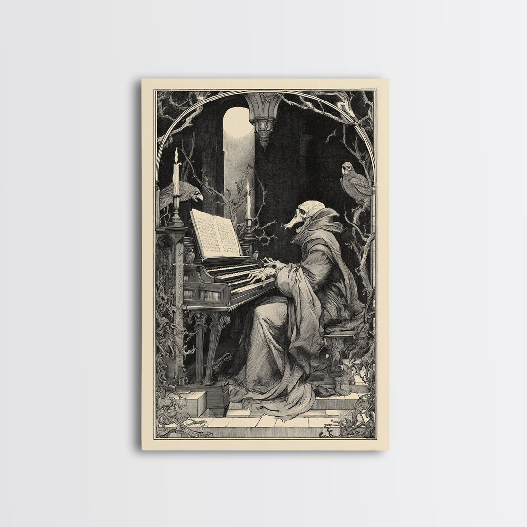 The Phantom Organist, Symbolist Etching Art, Vertical Wall Art, Dark Fantasy Wall Art, Framed Canvas Print, Halloween Wall Art