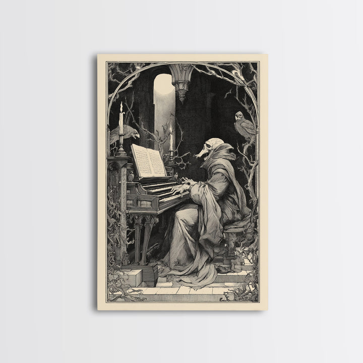 The Phantom Organist, Symbolist Etching Art, Vertical Wall Art, Dark Fantasy Wall Art, Framed Canvas Print, Halloween Wall Art