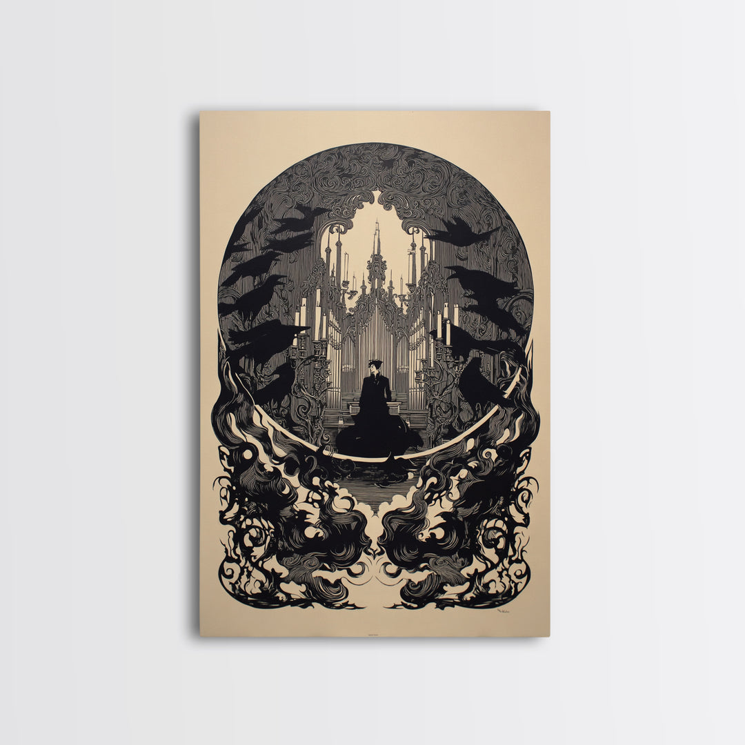 The Phantom Organist, Decadent Line Art, Vertical Wall Art, Gothic Horror Wall Art, Framed Canvas Print, Halloween Wall Art