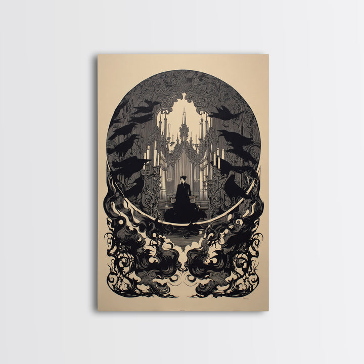 The Phantom Organist, Decadent Line Art, Vertical Wall Art, Gothic Horror Wall Art, Framed Canvas Print, Halloween Wall Art