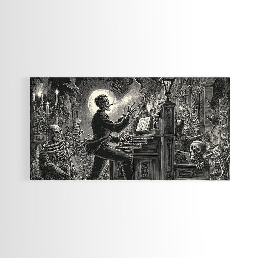 The Phantom Organist, Macabre Folk Print Art, Wide Panoramic Art, Dark Fantasy Wall Art, Framed Canvas Print, Halloween Wall Art