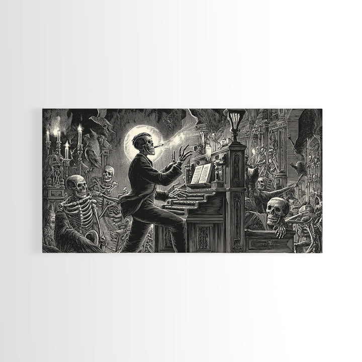 The Phantom Organist, Macabre Folk Print Art, Wide Panoramic Art, Dark Fantasy Wall Art, Framed Canvas Print, Halloween Wall Art