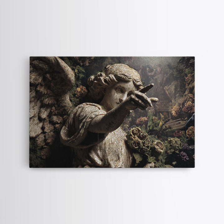 The Weeping Cemetery Angel, Medieval Grotesque Art, Landscape Wall Art, Dark Halloween Decor, Framed Canvas Print, Halloween Wall Art
