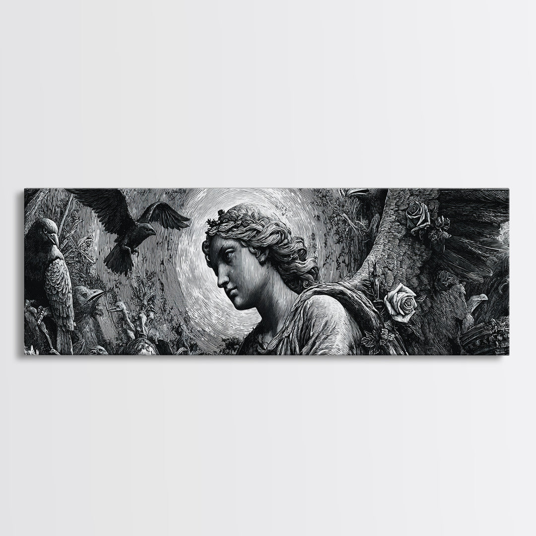 The Weeping Cemetery Angel, Renaissance Engraving Art, Extra Wide Wall Art, Dark Fantasy Wall Art, Canvas Print, Halloween Wall Art