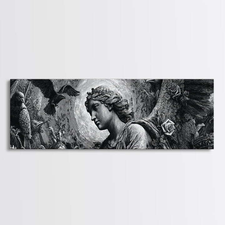 The Weeping Cemetery Angel, Renaissance Engraving Art, Extra Wide Wall Art, Dark Fantasy Wall Art, Canvas Print, Halloween Wall Art