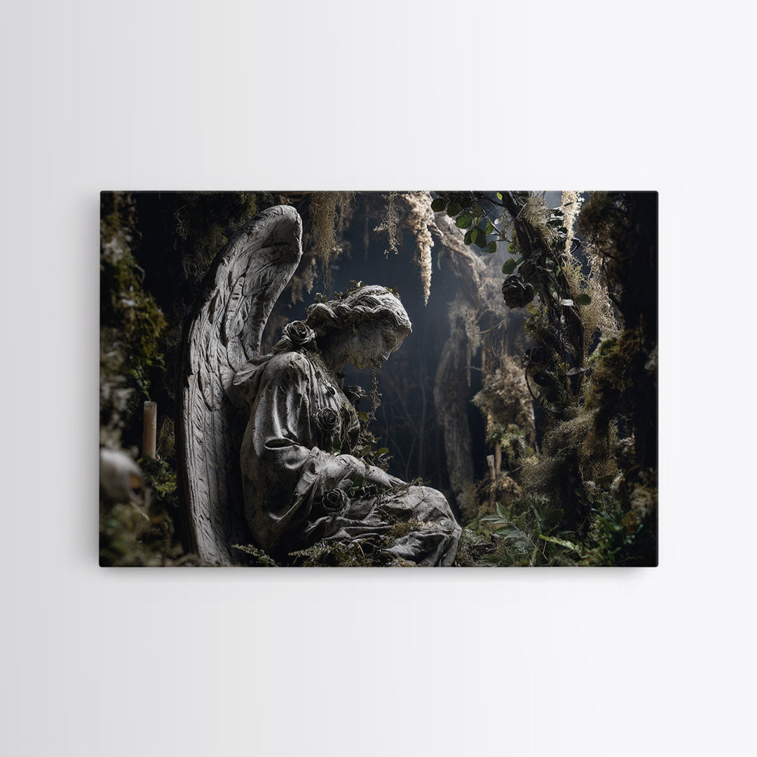 The Weeping Cemetery Angel, Baroque Witchcraft Art, Landscape Wall Art, Dark Halloween Decor, Canvas Print, Halloween Wall Art