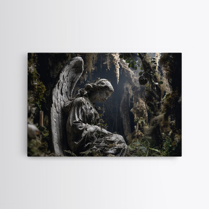 The Weeping Cemetery Angel, Baroque Witchcraft Art, Landscape Wall Art, Dark Halloween Decor, Canvas Print, Halloween Wall Art