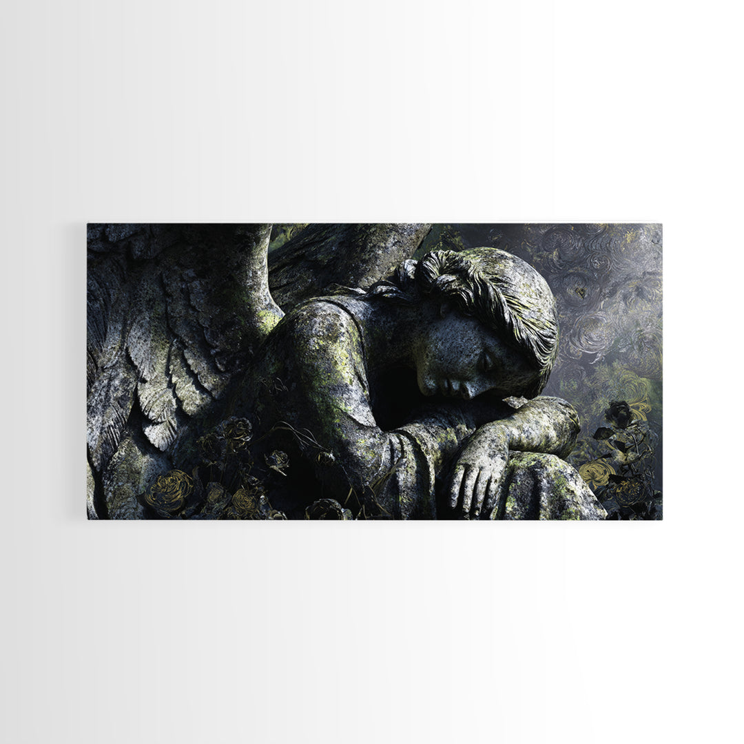 The Weeping Cemetery Angel, Visionary Gothic Art, Wide Panoramic Art, Macabre Wall Art, Framed Canvas Print, Halloween Wall Art