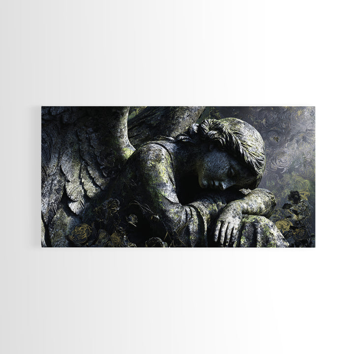 The Weeping Cemetery Angel, Visionary Gothic Art, Wide Panoramic Art, Macabre Wall Art, Framed Canvas Print, Halloween Wall Art