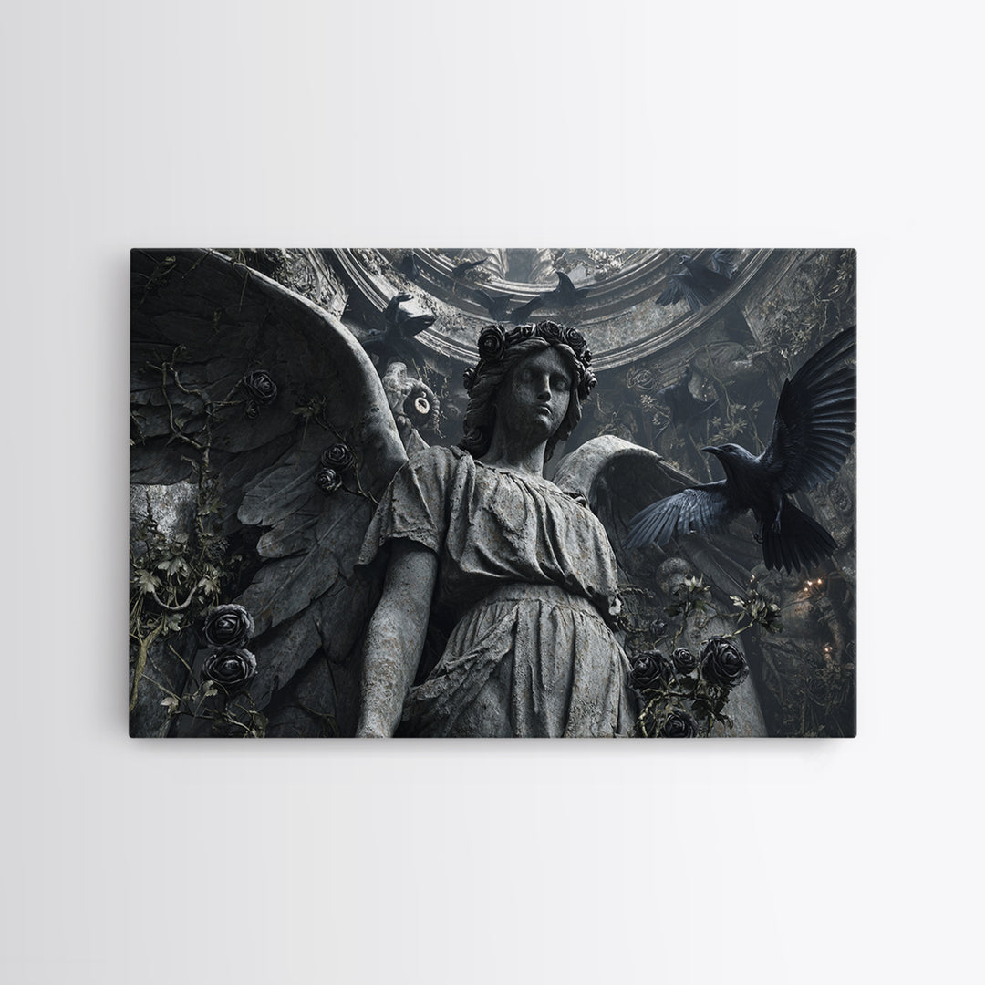 The Weeping Cemetery Angel, Architectural Etching Art, Landscape Wall Art, Dark Fantasy Wall Art, Canvas Print