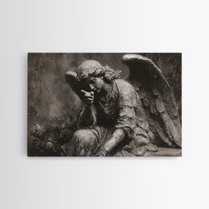 The Weeping Cemetery Angel, Symbolist Dream Art, Landscape Wall Art, Dark Fantasy Wall Art, Canvas Print, Halloween Wall Art