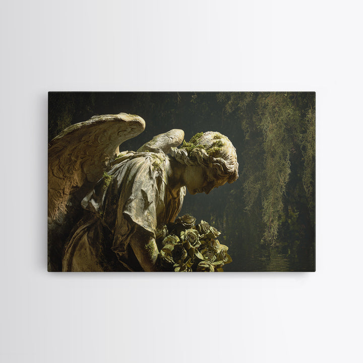 The Weeping Cemetery Angel, Symbolist Gothic Landscape, Landscape Wall Art, Dark Fantasy Wall Art, Framed Canvas Print, Halloween Wall Art