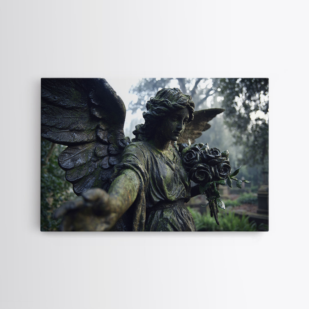 The Weeping Cemetery Angel, Symbolist Etching Art, Landscape Wall Art, Dark Fantasy Wall Art, Canvas Print, Halloween Wall Art