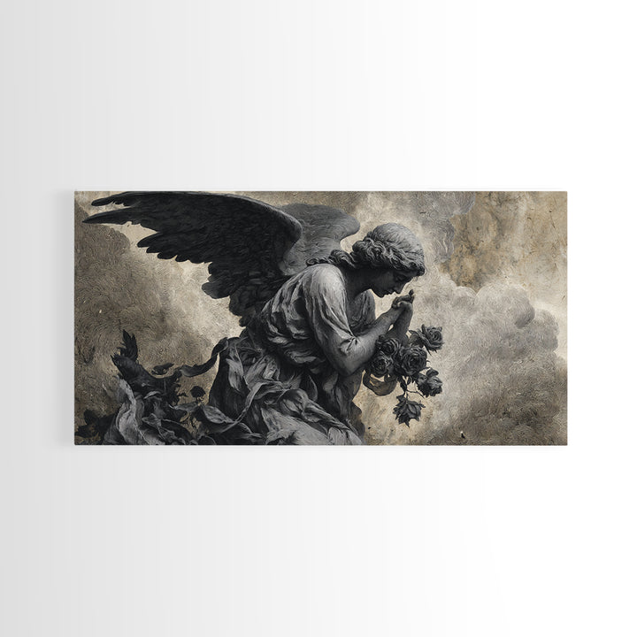 The Weeping Cemetery Angel, Expressionist Nightmare Art, Wide Panoramic Art, Gothic Horror Wall Art, Framed Canvas Print, Halloween Wall Art