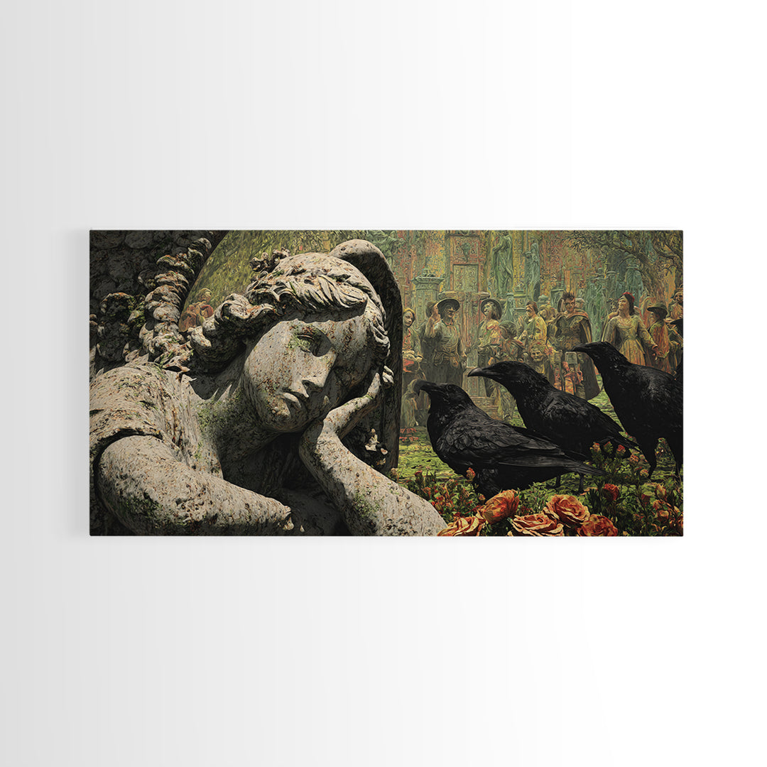 The Weeping Cemetery Angel, Grotesque Carnival Art, Wide Panoramic Art, Dark Halloween Decor, Framed Canvas Print, Halloween Wall Art