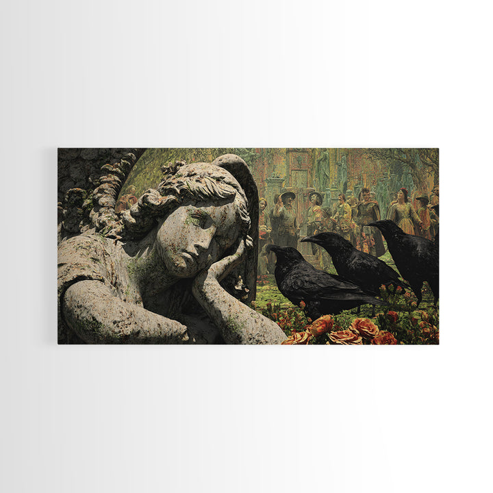 The Weeping Cemetery Angel, Grotesque Carnival Art, Wide Panoramic Art, Dark Halloween Decor, Framed Canvas Print, Halloween Wall Art