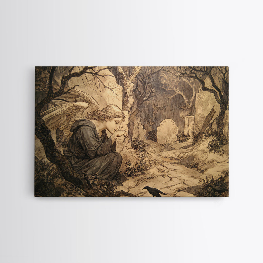 The Weeping Cemetery Angel, Gothic Storybook Art, Landscape Wall Art, Dark Fantasy Wall Art, Canvas Print, Halloween Wall Art