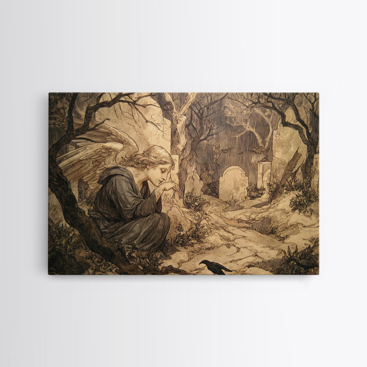 The Weeping Cemetery Angel, Gothic Storybook Art, Landscape Wall Art, Dark Fantasy Wall Art, Canvas Print, Halloween Wall Art