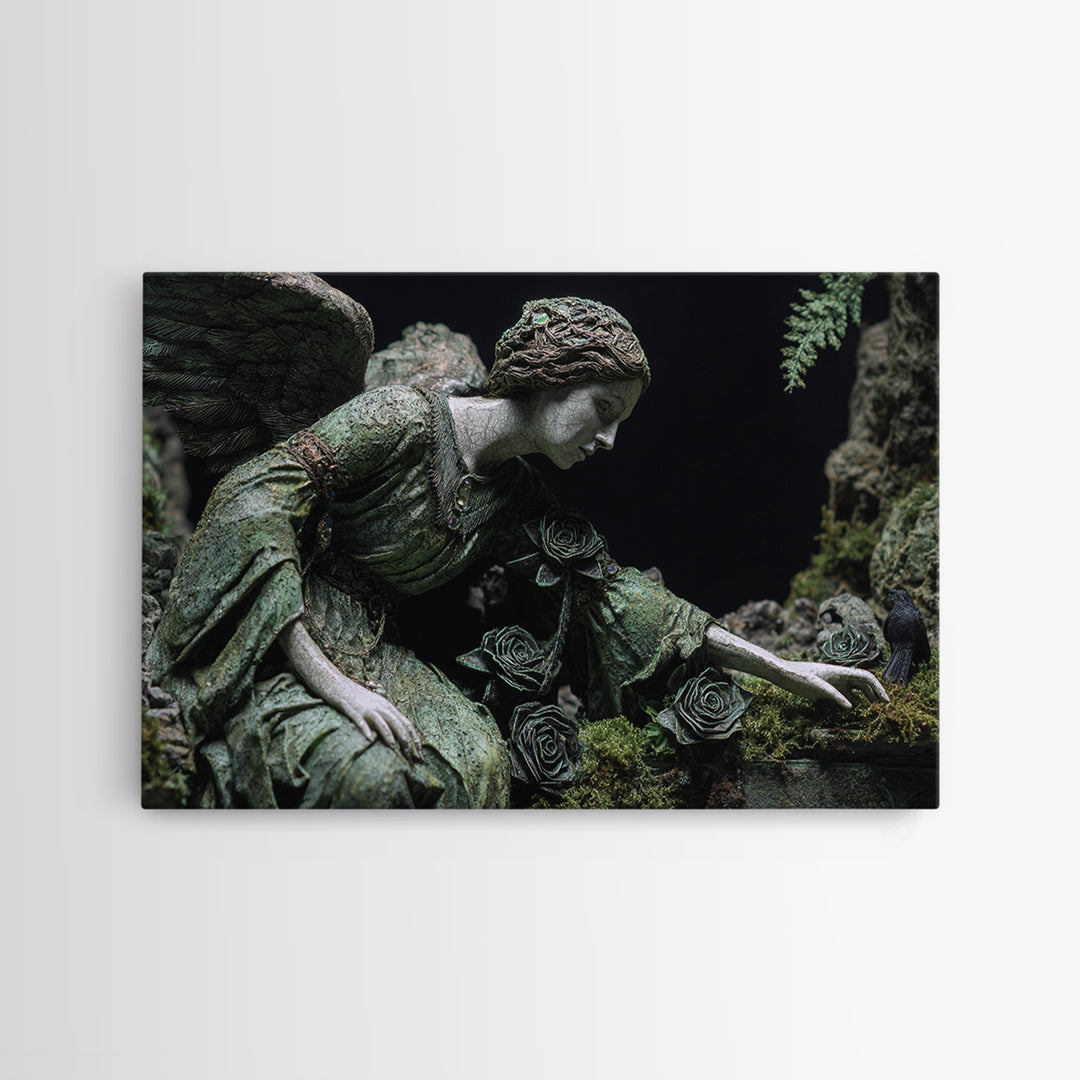 The Weeping Cemetery Angel, Stained Glass Gothic Art, Landscape Wall Art, Dark Fantasy Wall Art, Framed Canvas Print, Halloween Wall Art