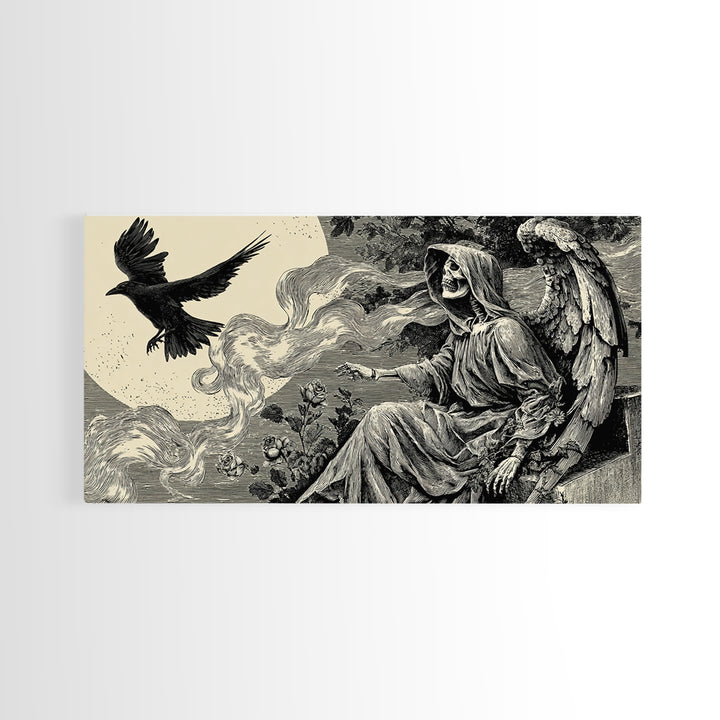 The Weeping Cemetery Angel, Macabre Folk Print Art, Wide Panoramic Art, Macabre Wall Art, Canvas Print, Halloween Wall Art