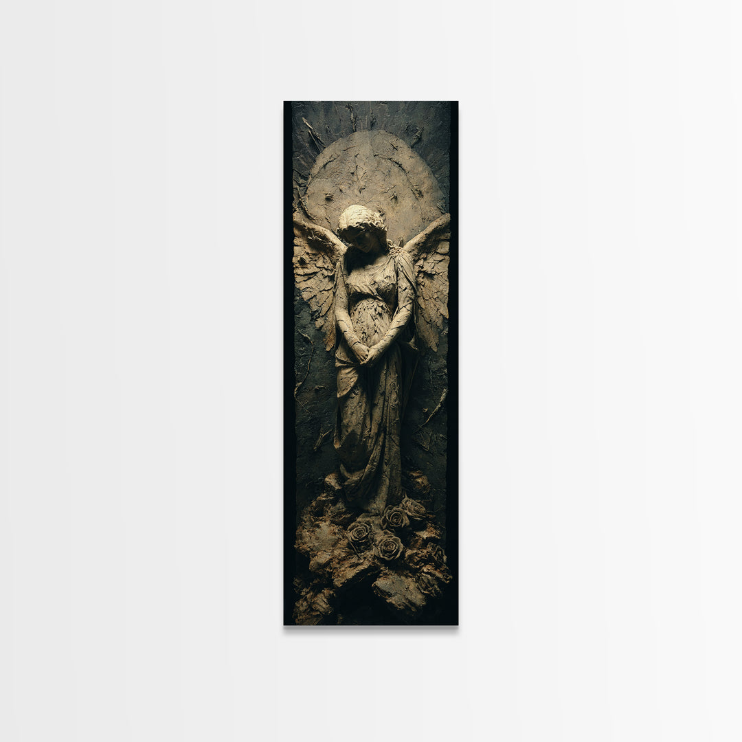 The Weeping Cemetery Angel, Surreal Apocalyptic Art, Tall Narrow Wall Art, Dark Halloween Decor, Framed Canvas Print