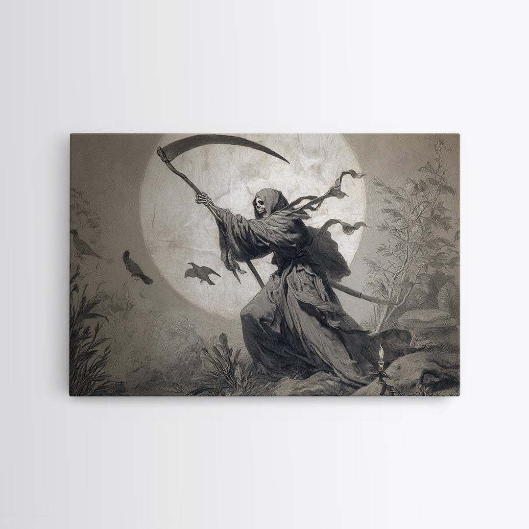 The Fog-Bound Reaper, Medieval Grotesque Art, Landscape Wall Art, Macabre Wall Art, Framed Canvas Print, Halloween Wall Art
