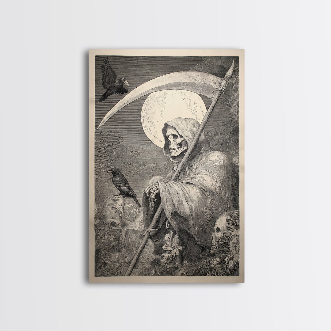 The Fog-Bound Reaper, Renaissance Engraving Art, Vertical Wall Art, Gothic Horror Wall Art, Canvas Print, Halloween Wall Art