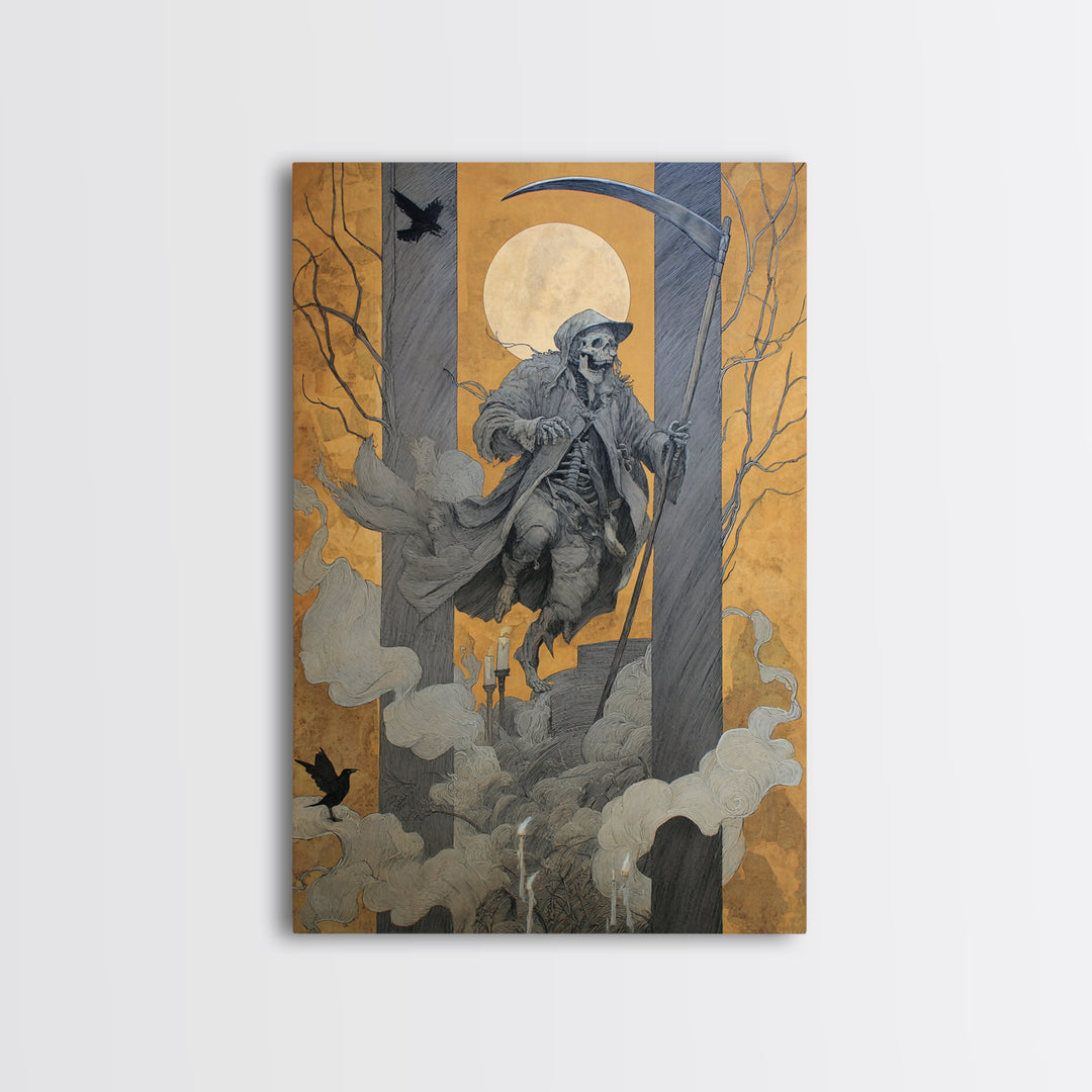 The Fog-Bound Reaper, Danse Macabre Art, Vertical Wall Art, Gothic Horror Wall Art, Framed Canvas Print