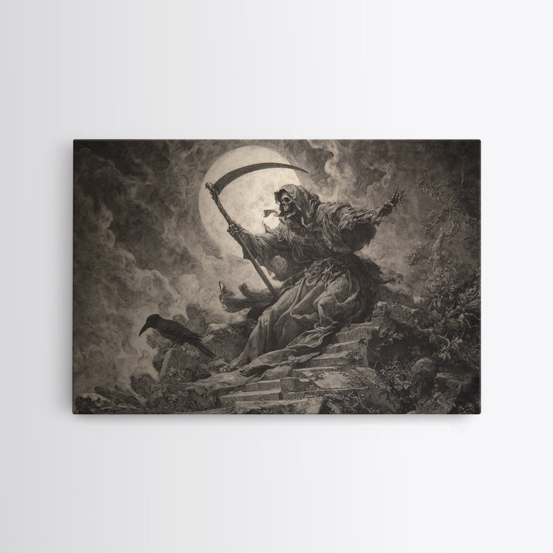 The Fog-Bound Reaper, Baroque Witchcraft Art, Landscape Wall Art, Dark Fantasy Wall Art, Framed Canvas Print, Halloween Wall Art