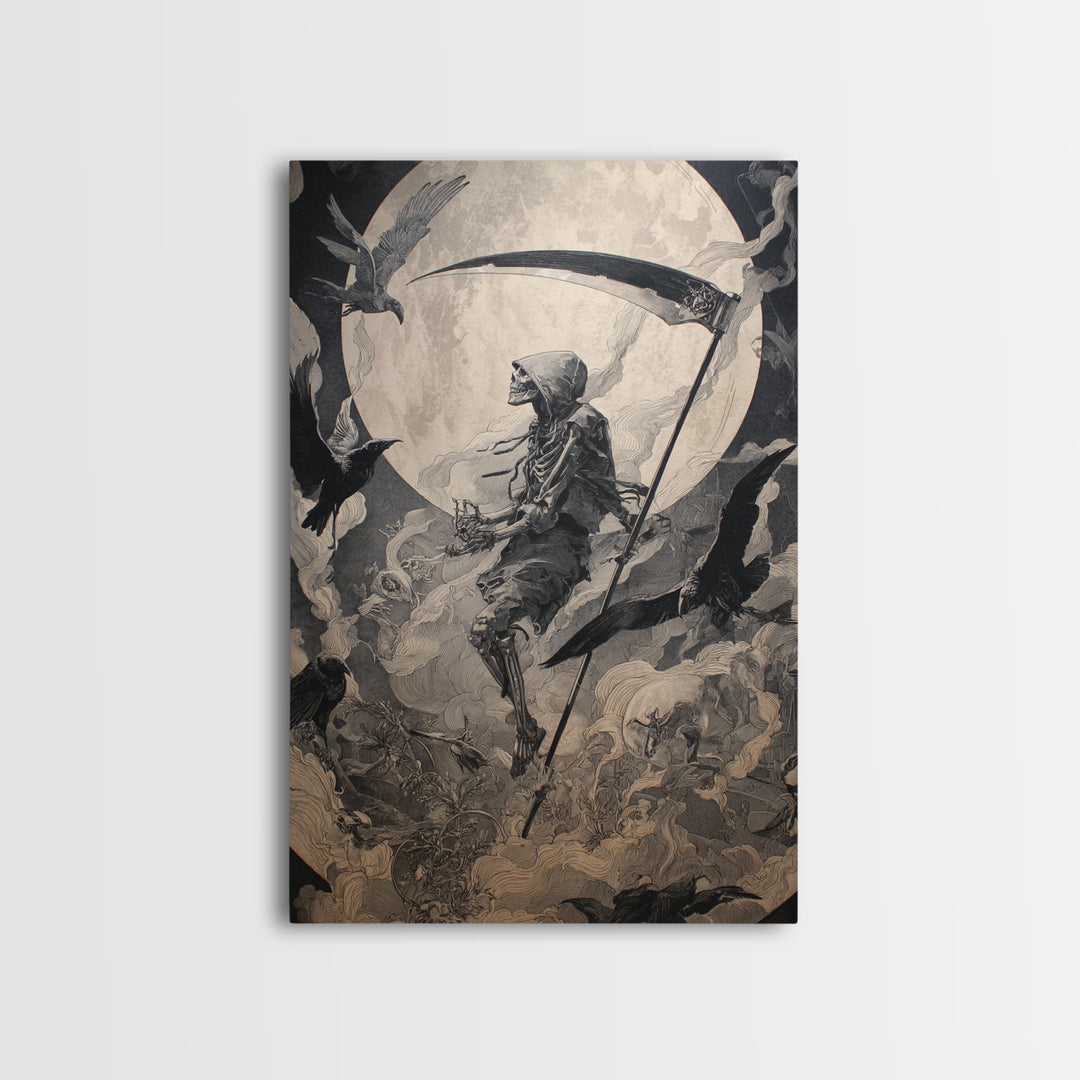 The Fog-Bound Reaper, Ornate Symbolist Art, Vertical Wall Art, Gothic Horror Wall Art, Canvas Print, Halloween Wall Art