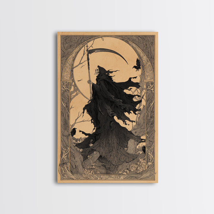 The Fog-Bound Reaper, Decadent Line Art, Vertical Wall Art, Gothic Horror Wall Art, Canvas Print, Halloween Wall Art