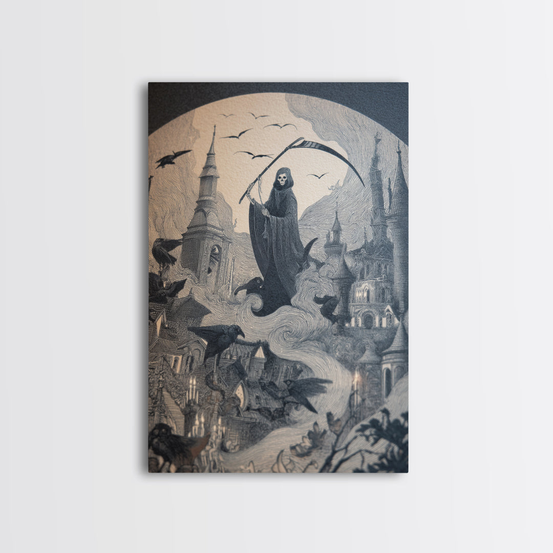 The Fog-Bound Reaper, Victorian Macabre Art, Vertical Wall Art, Dark Halloween Decor, Canvas Print, Halloween Wall Art, Dark Fantasy Art